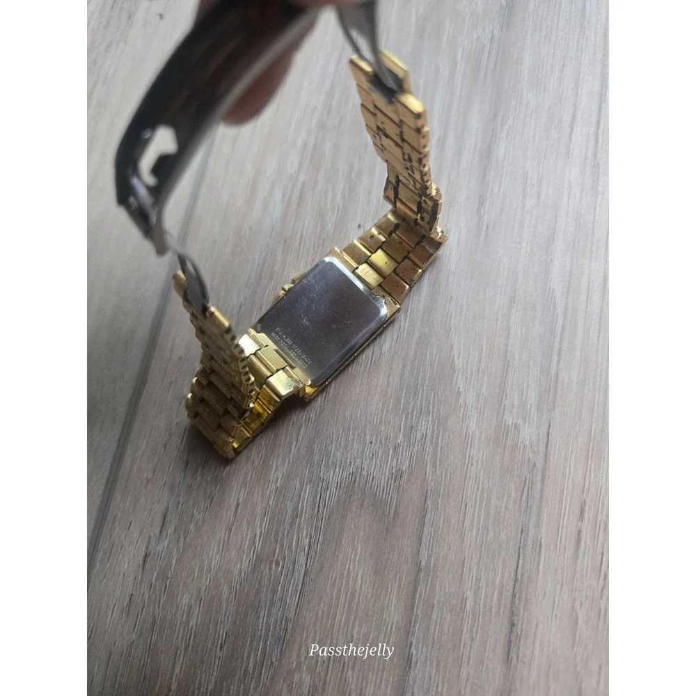 Longines Watch Mens Gold Tone Rectangular Black Dial Quartz Dress Bracelet Vtg